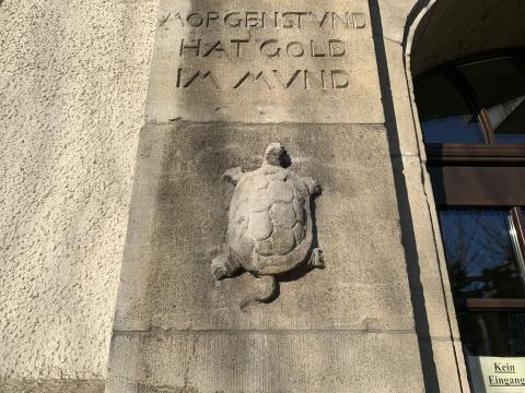 Janssen, Ulfert: Fassadenreliefs an Klostermarktschule - Eingang links: Detail Schildkröte; Foto: Kunstmuseum Mülheim an der Ruhr 2019.