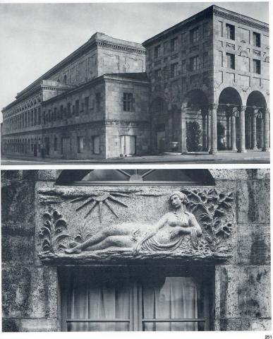 Binz, Hermann: Supraporten-Relief, Außenansicht Stadthalle und Liegender weiblicher Akt, Foto: Cremers 1926.
