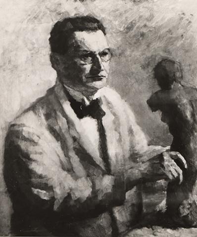 Binz, Hermann: Hermann Binz bei der Arbeit, Schwarz-weiß-Foto eines Gemäldes von Oskar Hagemann, um 1925, Stadtarchiv Karlsruhe 8/PBS oIII 992.